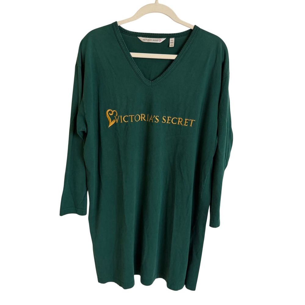 Vintage Victorias Secret Forest Green Gold Embroidered Cotton Nightshirt Medium